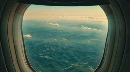 Fototapeta premium Beautiful view of mountains through the aircraft window. Airplane window. Concept of travel and air transportation
