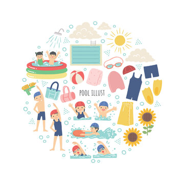 学校・スイミングスクールの水泳のイラスト　セット