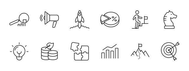 Startup icon set. Loudspeaker, magnifying glass, statistics, graphs, rocket, percentage, diagram, path to goal, strategy, saving money, puzzle, task, right on target. Commercial project concept.