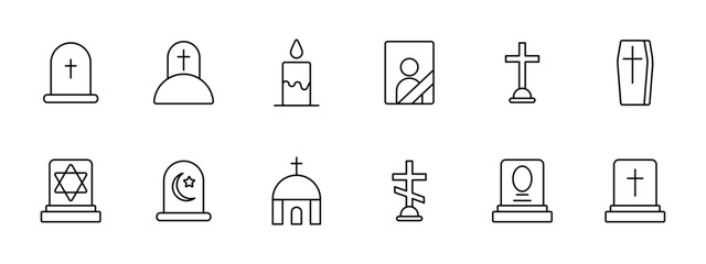 Funeral set icon. Grave, cross, Christianity, faith, burial, mound, candle, flame, portrait, ritual photo on monument, coffin, Turkish funeral traditions, temple, funeral slab. Obsequies concept.
