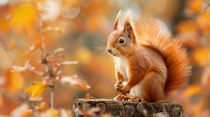 Red squirrel sitting on a tree stump in the middle of an Autumn forest with beautiful bokeh