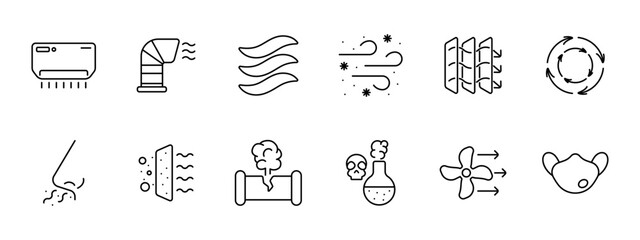 Waste set icon. Air conditioner, air freshener, harmful fumes, air, wind, dust, air filtration, blower pipe, fan, broken pipe, gas, skull, poison, mask, circulation. Atmosphere concept.