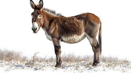 Portrait of a donkey standing in the snow.