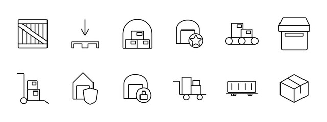 Delivery set icon. Online shopping, box, port, sea container, stuffing, warehouse, star, hangar, box, shield, lock, stretcher, cardboard box. Cargo transportation concept.