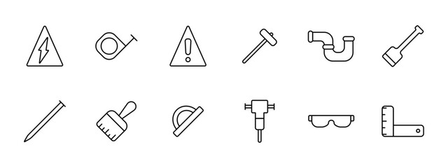 Tools set icon. Tape measure, danger sign, mop, sledgehammer, pipe, plumbing fixtures, broom, shovel, brush, ruler, measurement, hammer, glasses, heavy equipment, charcoal ruler. Instruments concept.
