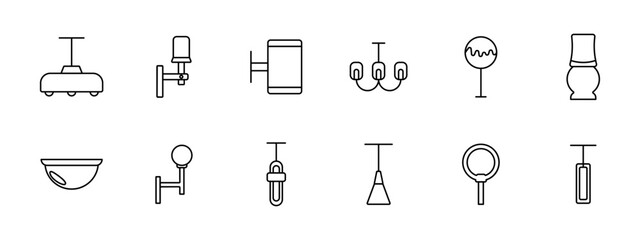 Icon set lamps. Lamps, fixtures, lighting, light, chandelier, luminous sign, light bulb, illumination, lantern, variety, tube, illuminator, glow, luster. Choice concept.