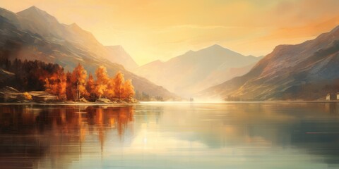 The sun is casting a golden glow as it sets over a tranquil lake surrounded by trees, creating a...