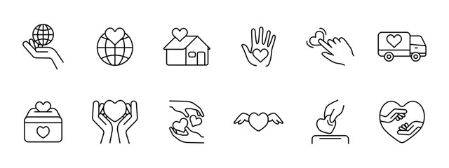 Charity set icon. Helping those in need, heart, palms, hands, van, peace, feelings, postcards, wings, protection, support, assistance, aftercare, humanitarian aid, financial support. Helping concept.