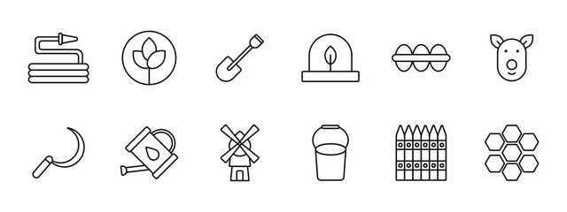 Village set icon. Hose, nature, sprout, spatula, dome, souvenir, eggs, nature conservation, pig, watering can, water, aqua, mill, bucket, fence, honeycomb, bees, honey. Countryside concept.