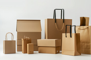 Display a collection of product package boxes and a craft shopping bag against a white background, simulating a professional and realistic online store environment.