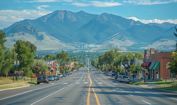 Downtown Bozeman, Montana seen from afar with mountains in the background
