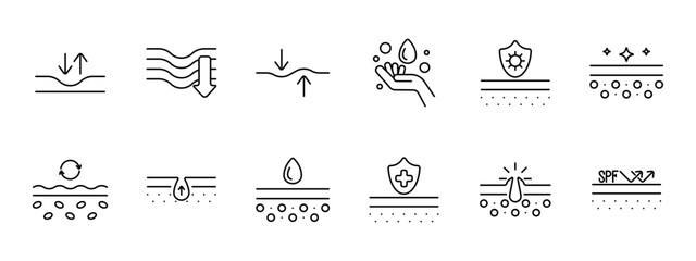 Skin care set icon. Dermis, skin, saggy skin, creams, oils, beauty, Korean cosmetics, epidermal protection, treatment, SPF, sweat, hydration. Appearance care concept.