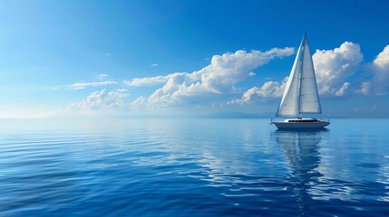 A sailboat gliding across a calm blue ocean, copy space. clouds in the background