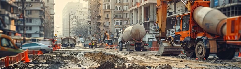 Fototapeta premium A busy construction site with workers, trucks, and equipment.
