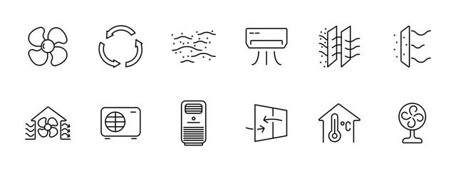 Ventilation set icon. Blades, circulation, air, dust, air conditioner, protective layers against dust, filtration, air heater, portable air conditioner, temperature control, fan. Aeration concept.