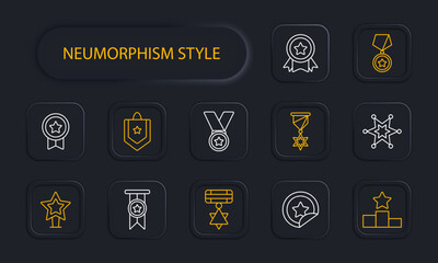 Icon set awards. Medal, podium, competition, first place, badge, star, badge, order, reward for work, competition, laurel, honor, pin, honor, neomorphism. Awards concept.