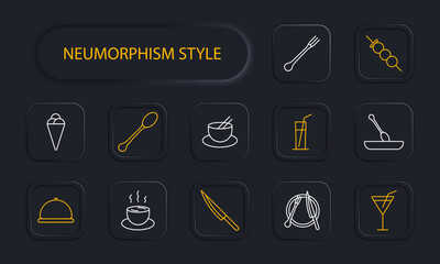 Restaurant set icon. Cloche, chef knife, ice cream, noodle bowl, chopsticks, fork, cocktail glass, wine glass, entree, soup, hot dish, cutlery, dango, neomorphism. Gourmet food concept.