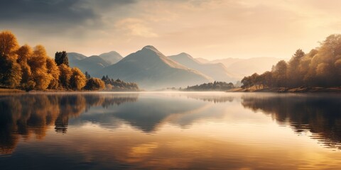 The sun is casting a golden glow as it sets over a tranquil lake surrounded by trees, creating a...