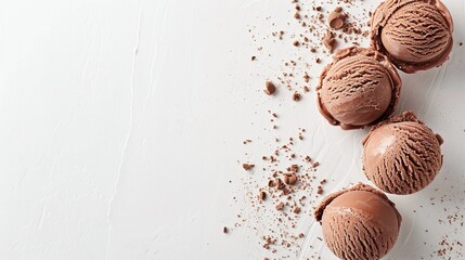 chocolate ice cream on white background, copy space