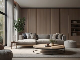 a modern, minimalist interior design in a living room with neutral tones, natural light, and wood paneling, providing a comfortable seating area
