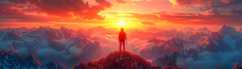 A cartoon mountain climber reaching the summit with a flag, against a backdrop of fiery sunrise colors