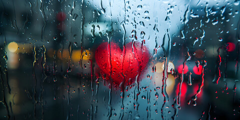 A heart shaped red light is seen through a rain drops A heart on wet glass with raindrops symbol.