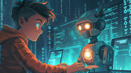 A cartoon teen programming a winning robot, with digital binary codes in vibrant blues and greens in the background