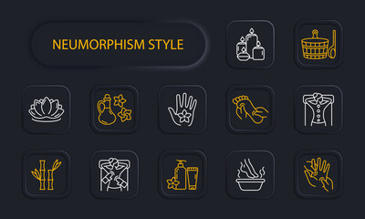 Sauna set icon. Basin with ladle, bamboo, creams and balms, lotus, unity with nature, flower, lighting, candle aroma, feet, foot, arm, back massage, stone therapy, neomorphism. Relaxation concept.