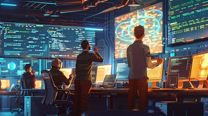 A scene showcasing a team of software developers coding, collaborating, and testing applications in a modern development environment