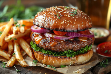 Craft beer paired with a hearty burger and crispy fries. AI generated.