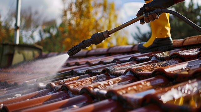 Professional roof cleaner using a pressure washer, close-up shot that highlights the effectiveness of the service on a home roof