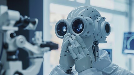 Portrait of an advanced robot ophthalmologist standing in a clinic, covering one eye while looking at the camera, showcasing eye care innovation