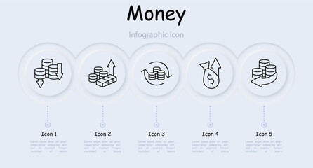 Money set icon. Coins, arrows, profit, losses, financial cycle, deposit, investment, increasing profit, bullion, dollar, bank transfer, large amount of money, infographic. Working with money concept.