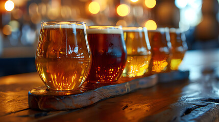 A flight of five craft beers sit on a wooden bar. The beers are all different colors, from light...