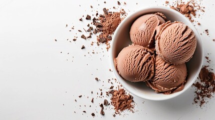 chocolate ice cream in white bowl on white background, copy space