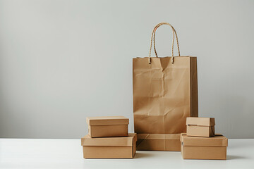 Convey the customer journey of receiving online orders through a realistic portrayal of product package boxes and a craft shopping bag against a plain white backdrop.