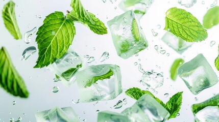 green peppermint leaves in ice cubes, light background