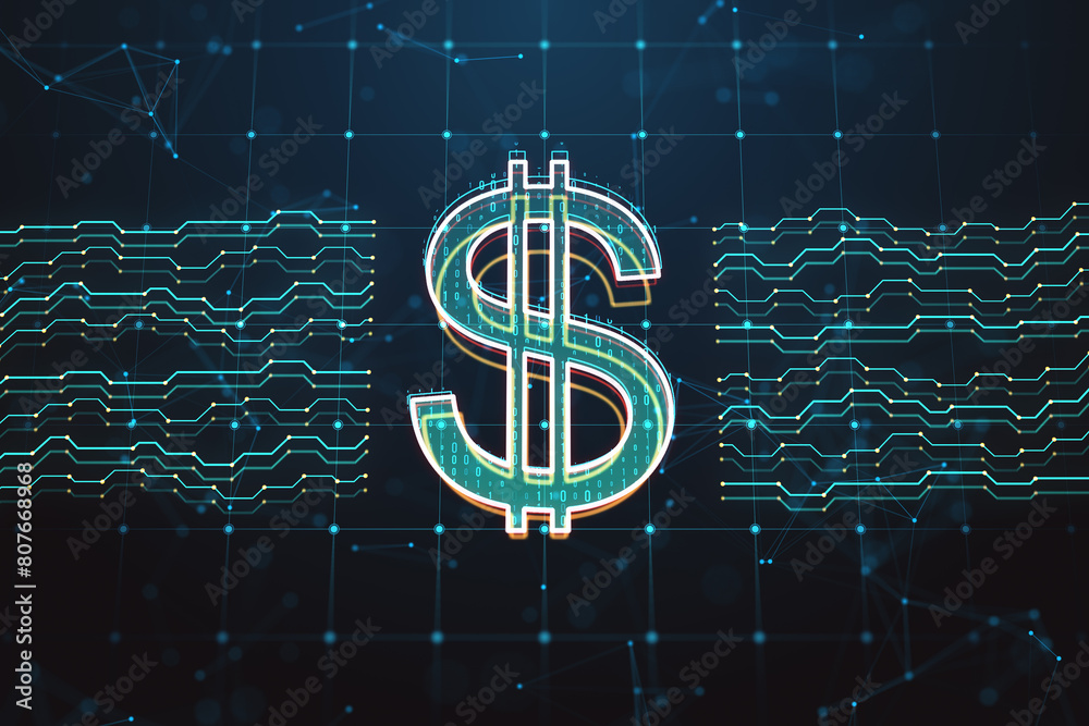 Poster abstract digital dollar sign and circuit on dark grid background. online banking, trade and cryptogr