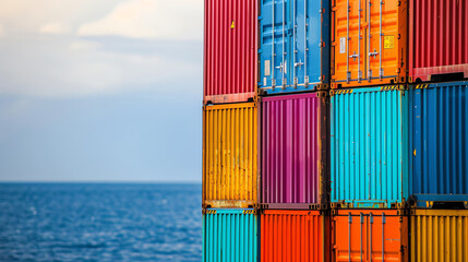 A large stack of brightly colored shipping containers sit on a pier with the ocean in the background.