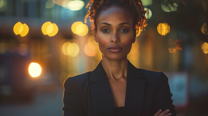 Obraz premium Portrait of successful African American female in business attire, arms crossed, confident expression. Successful. Achievement. Goals. Room for copy space. 