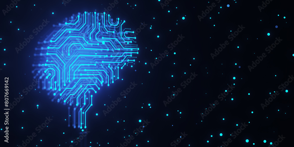Poster Creative circuit brain hologram on starry black backdrop with mock up place. 3D Rendering.