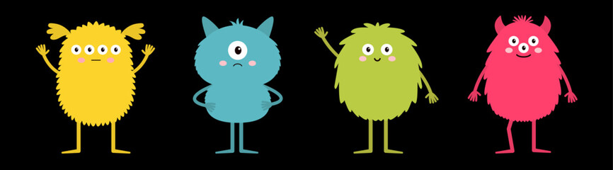 Monster set line. Happy Halloween. Colorful silhouette monsters. Different faces. Eyes, teeth, horns, hands. Cute funny kawaii cartoon boo character. Childish style Flat design Black background Vector