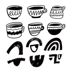Handdrawn coffee cups on white background as drinkware graphics