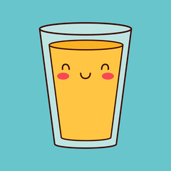 Orange juice glass. Cute smiling face. Eyes, mouth, cheeks. Fruit drink icon. Contour line hand drawn doodle. Kawaii funny food character. Childish style. Flat design. Blue background. Vector