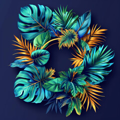 Naklejka premium Tropical Leaf Wreath in Metallic Colors on Blue Background