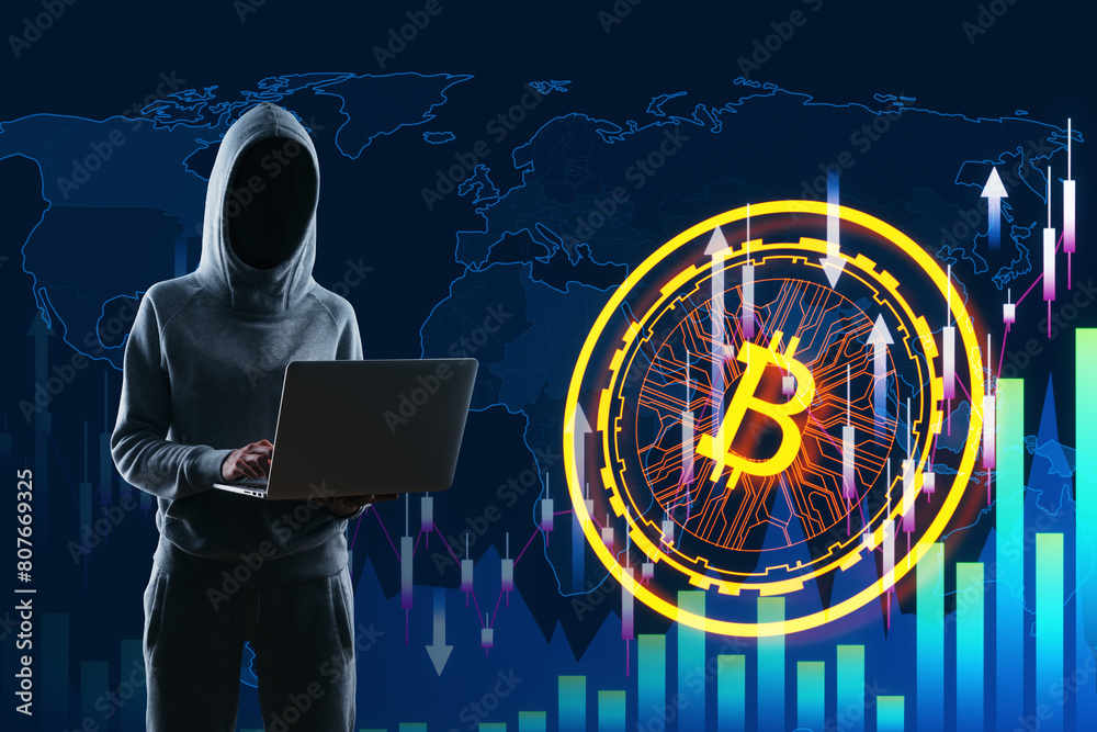 Aufkleber Hacker using laptop with creative glowing digital bitcoin map on dark tech background with forex chart and arrows. Broker, hacking malware and futuristic banking concept.