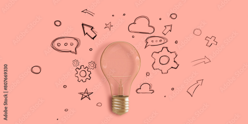 Poster creative light bulb sketch with icons on pink background. idea, innovation and creativity concept. 3