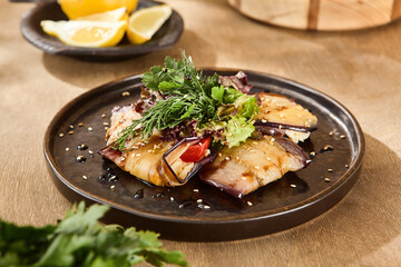 Appetizing Snack of Grilled Eggplant with Tomatoes and Cheese Served on a Rustic Wooden Table, Highlighting Healthy Mediterranean Cuisine