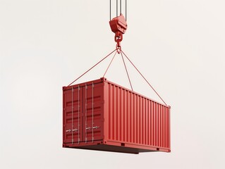 A vivid red shipping container hanging from a crane hook against a clear background, symbolizing logistics and transport.