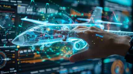 Fototapeta premium An engineer works on a new aircraft design using augmented reality.
